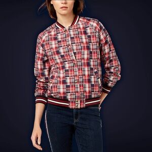Tommy Hilfiger Navy Blue & Red Patchwork Plaid Varsity Jacket Size Small